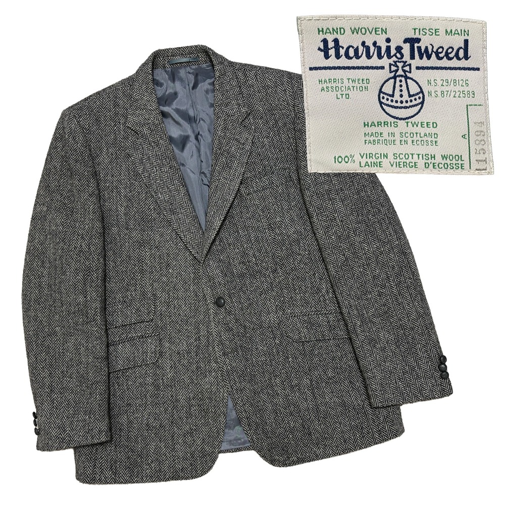 VTG Sears Harris Tweed Blazer Men ~46? Herringbone Wool Jacket Sport Coat (READ)
